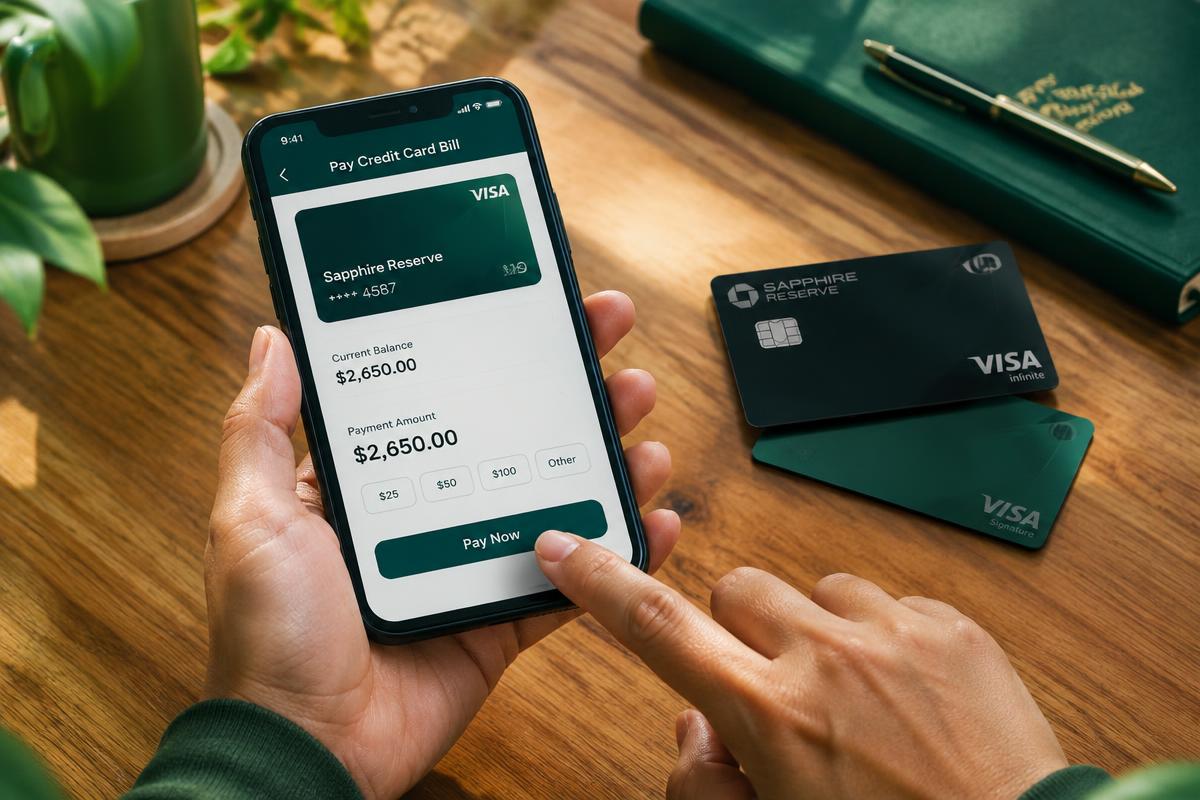 Paying a credit card bill on a smartphone beside two premium credit cards