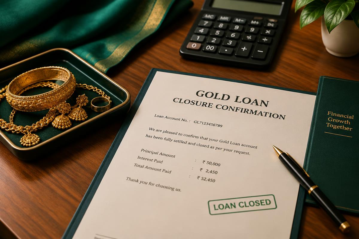 Gold loan closure confirmation document beside gold jewellery and a calculator