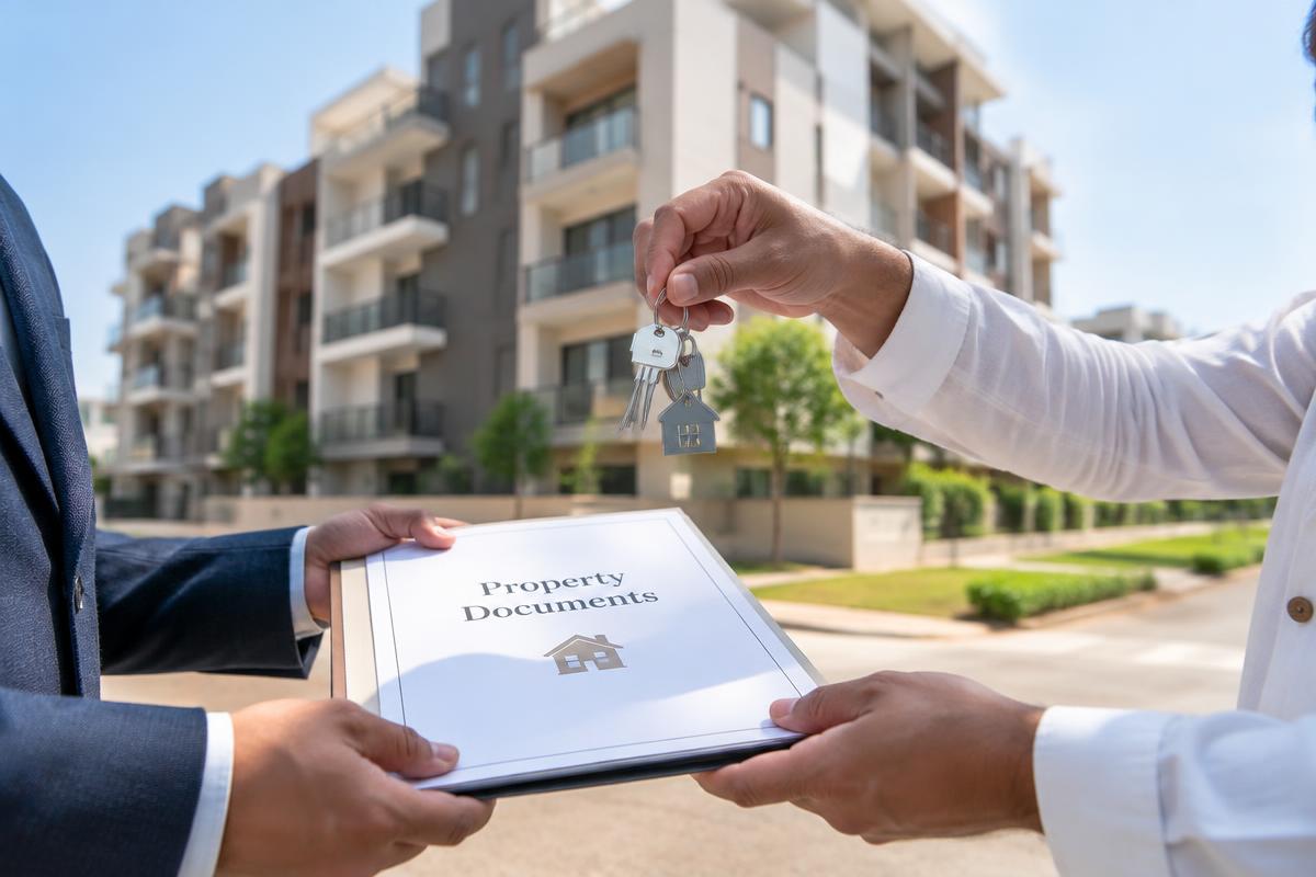 Property documents and house keys being handed over outside a modern apartment building